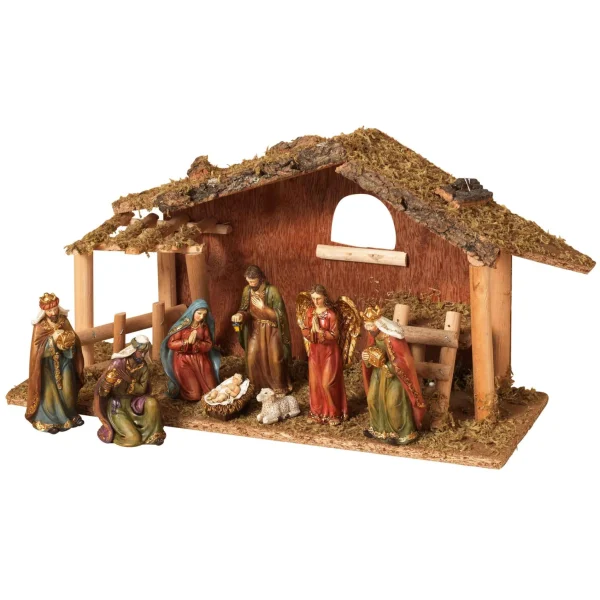 Gerson International 9 Piece 15.25-Inch-Long Resin Nativity Scene With Moss Stable