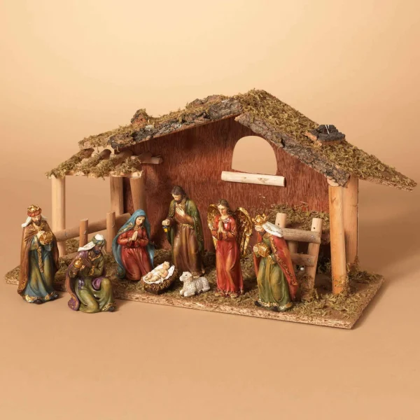 Gerson International 9 Piece 15.25-Inch-Long Resin Nativity Scene With Moss Stable
