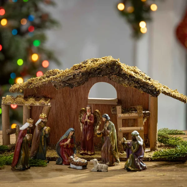 Gerson International 9 Piece 15.25-Inch-Long Resin Nativity Scene With Moss Stable